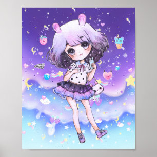 Niedliches Chibi-Mädchen in kawaii-Pastellgalaxie Poster