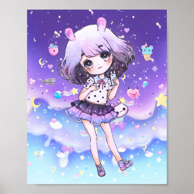 Niedliches Chibi-Mädchen in kawaii-Pastellgalaxie Poster (Vorne)