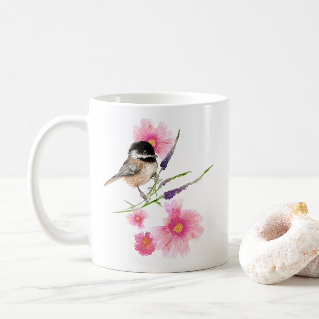 Niedliches Chickadewatercolor Artwork Kaffeetasse (Mit Donut)