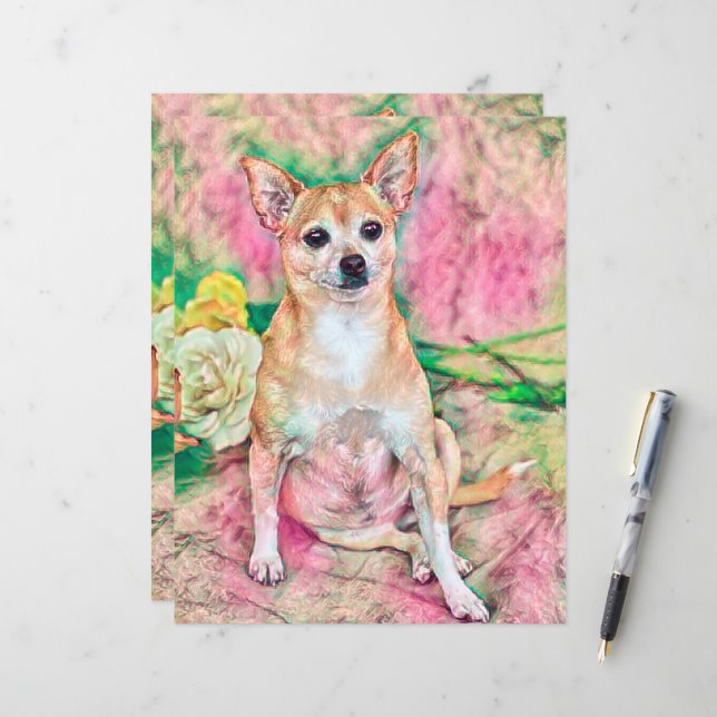 Niedliches Chihuahua Art Pink Green Dog Portrait (Vorderseite/Rückseite Beispiel)