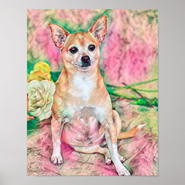 Niedliches Chihuahua Art Pink Green Dog Portrait Poster (Vorne)