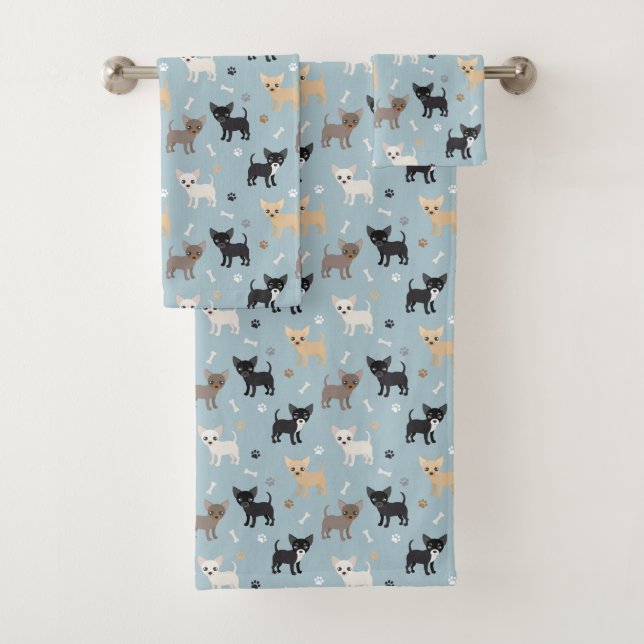 Niedliches Chihuahua-Muster-Blau Badhandtuch Set (Insitu)