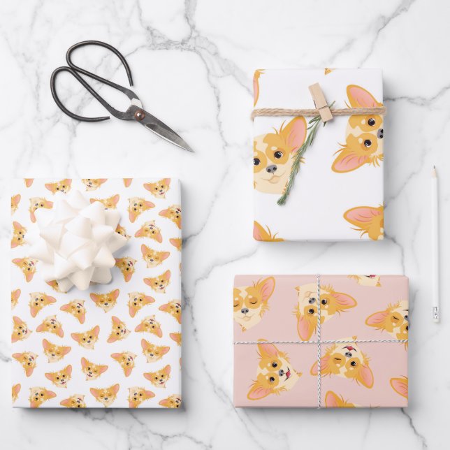 Niedliches Chihuahua Wrapping Paper Flat Sheet Set Geschenkpapier Set (Vorderseite)