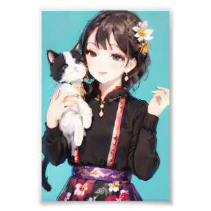 Niedliches Chinesisches Girl-Posing mit Katze Fotodruck