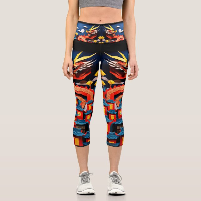 Niedliches Chinesisches Neujahr Dragon Origami HWC Capri Leggings (Vorderseite)