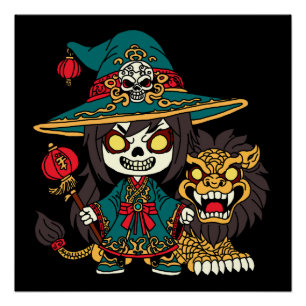 Niedliches chinesisches Neujahr - Hexe und Löwe Poster