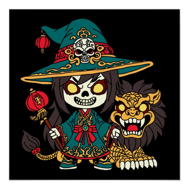 Niedliches chinesisches Neujahr - Hexe und Löwe Poster (Vorderseite)