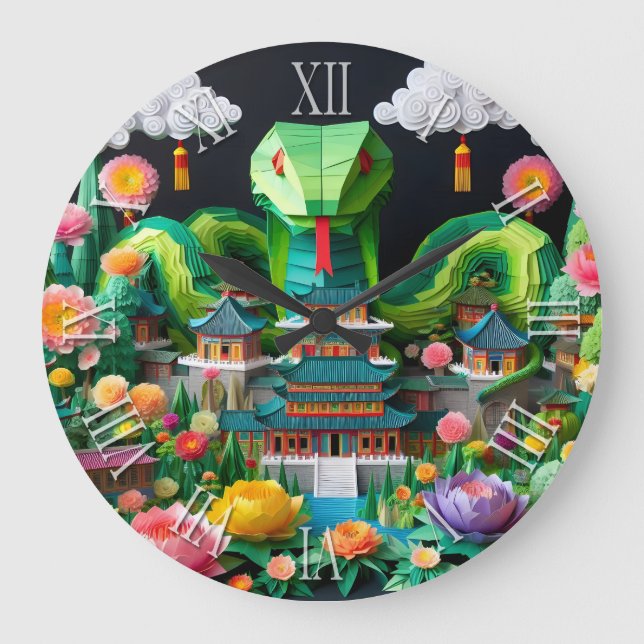 Niedliches chinesisches Neujahrsschlange Origami W Große Wanduhr (Vorderseite)