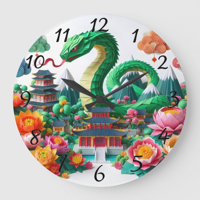 Niedliches Chinesisches Neujahrsschlange Origami W Große Wanduhr (Vorderseite)