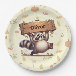 Niedliches Chubby Raccoon mit Holzschild Pappteller