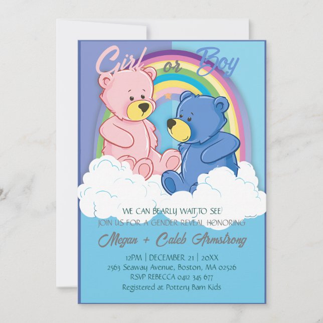Niedliches Cloudy Rainbow Sky Bear Gender Reveal P Einladung (Vorderseite)