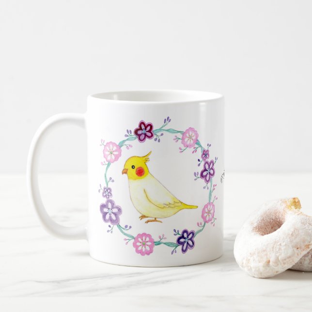 Niedliches Cockatil in Blume Bird Lover individuel Kaffeetasse (Mit Donut)
