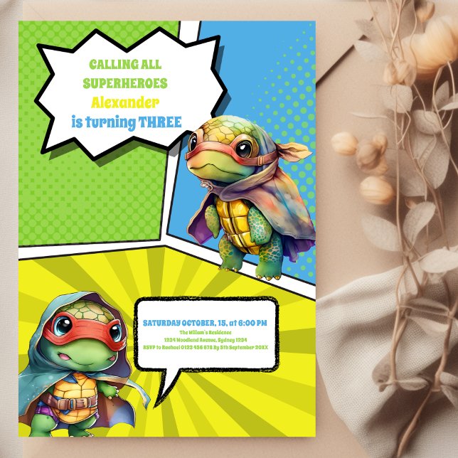 Niedliches Comic Buch Turtles Superhero Boy Geburt Einladung (Von Creator hochgeladen)