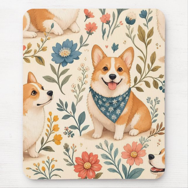 Niedliches Corgi-Blumengarten-Muster Mousepad (Vorne)