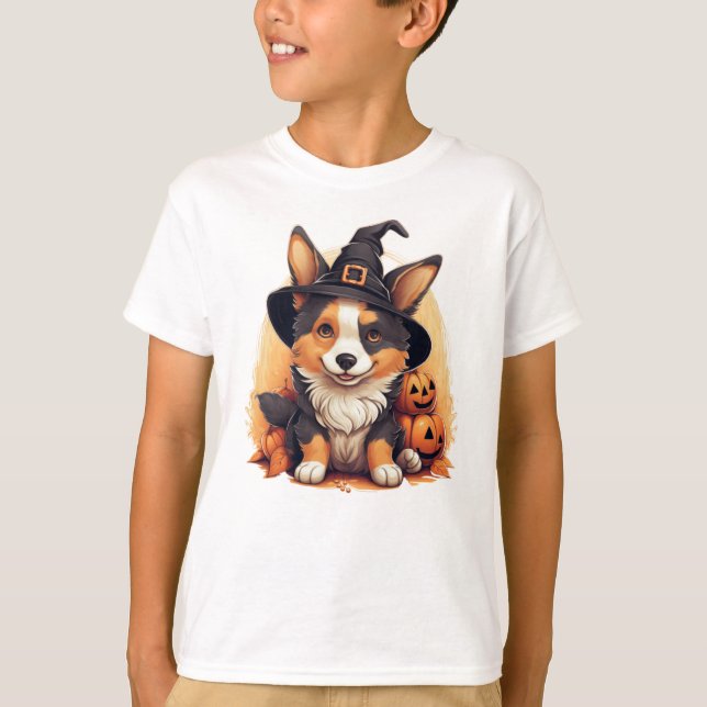 Niedliches Corgi-Design mit Pumpkins- und Hexenhut T-Shirt (Vorderseite)