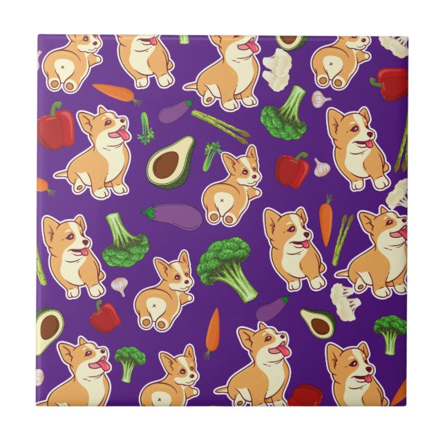 Niedliches Corgi- und Gemüse-Muster Fliese (Vorderseite)