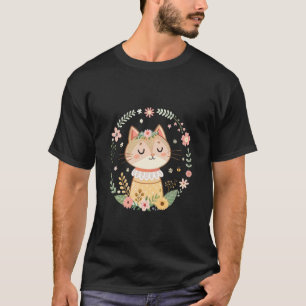 Niedliches Cottagecore-Katze umgeben von Blumenkra T-Shirt