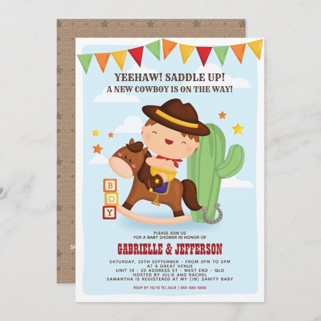 Niedliches Cowboy Baby Shower Thema Einladung (Vorne/Hinten)