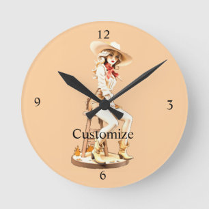 Niedliches Cowgirl sitzend Thunder_Cove Runde Wanduhr