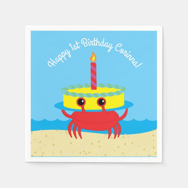 Niedliches Crab Beach 1. Geburtstag Party Serviette (Vorderseite)