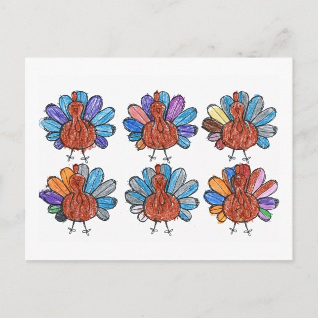 Niedliches Crayon Turkeys Kinder Kunst Postkarte (Vorderseite)