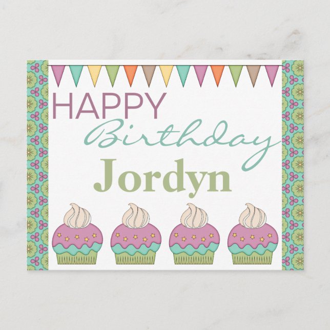 Niedliches Cupcake Lila Aquamarin Geburtstagsparty Einladungspostkarte (Vorderseite)