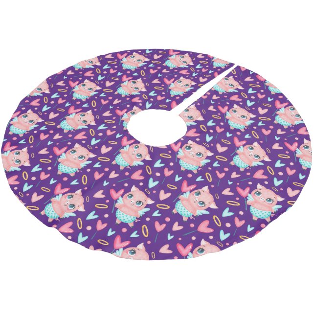 Niedliches Cupid Pig Wharkes Muster Polyester Weihnachtsbaumdecke (Schrägansicht)