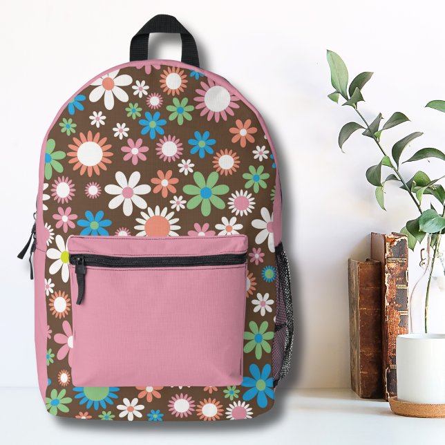 Niedliches Daisy-Muster Bedruckter Rucksack (Cute Groovy Brown Blue Green Retro Daisy Floral Printed Backpack)