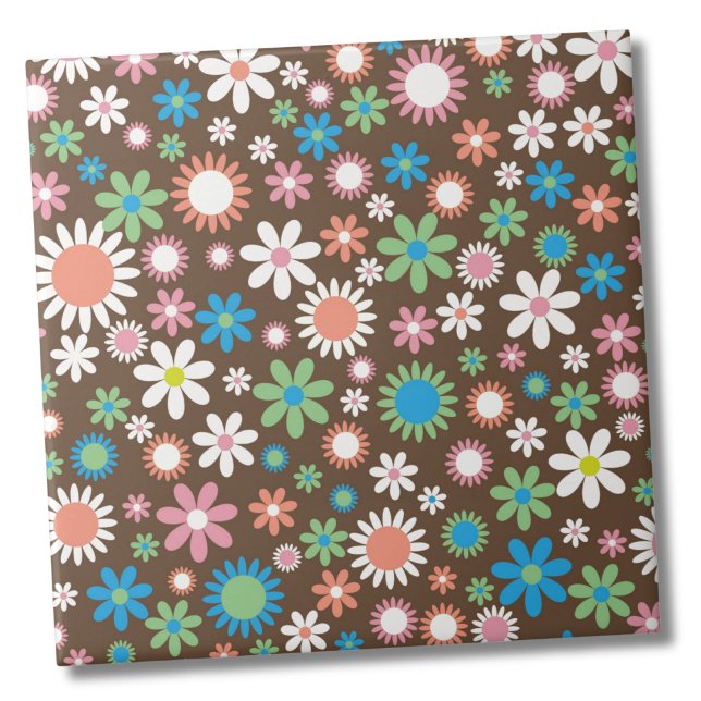 Niedliches Daisy-Muster Fliese (Cute Groovy Brown Blue Green Retro Daisy Floral ceramic tile)