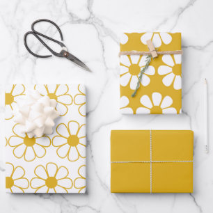 Niedliches Daisy Muster Mustard Gold und White Geschenkpapier Set