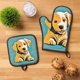 Niedliches Design der Puppy Art Ofenhandschuh & Topflappen-Set