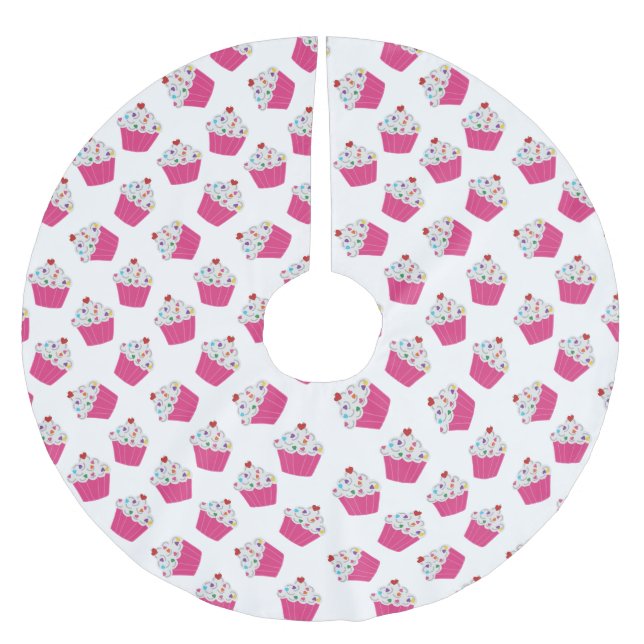 Niedliches Dessert Hellrosa Cupcake Muster Polyester Weihnachtsbaumdecke (Vorderseite)