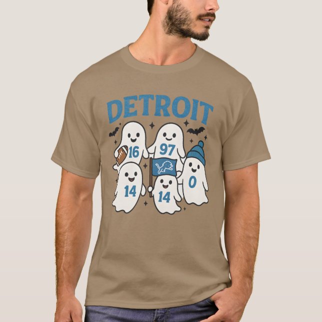 Niedliches Detroit Football Ghosts Halloween Desig T-Shirt (Vorderseite)