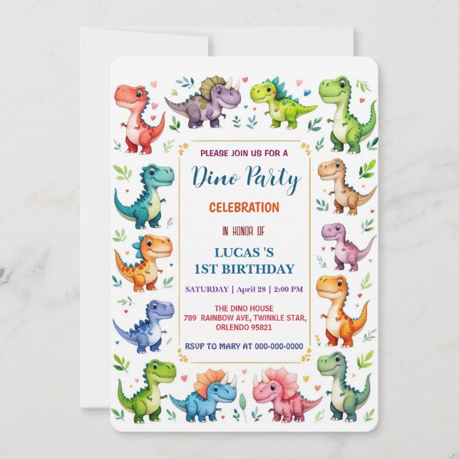 Niedliches DIno Baby Dinosaurier 1. Geburtstag Par Save The Date (Vorderseite)