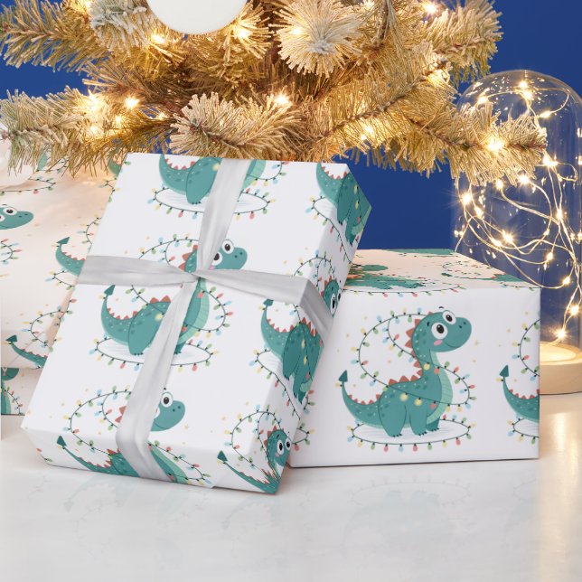 Niedliches Dino Weihnachtslicht Kinder & Junge Geschenkpapier (Feiertage)