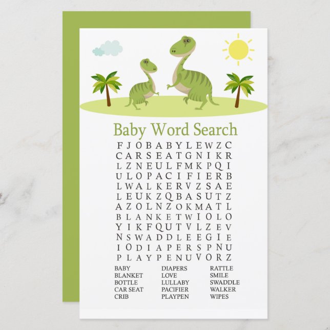 Niedliches Dinosaur Baby Dusche Word Search Game (Vorne/Hinten)