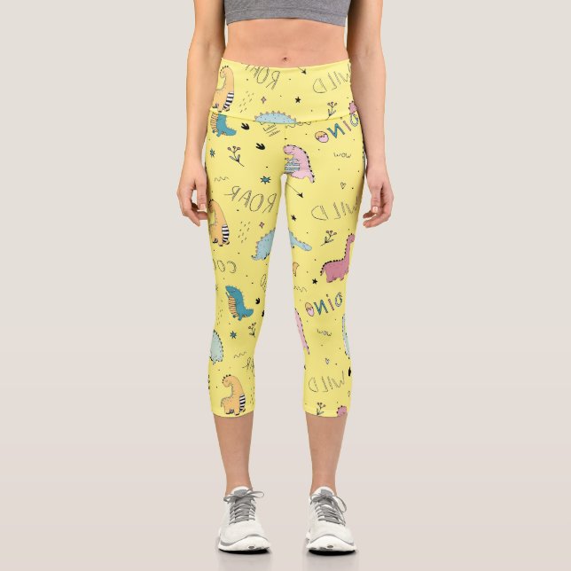 Niedliches Dinosaurier-Cartoon Capri Leggings (Vorderseite)