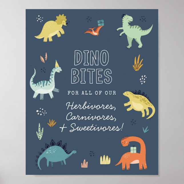 Niedliches Dinosaurier Dino Bites Food Table Sign Poster (Vorne)