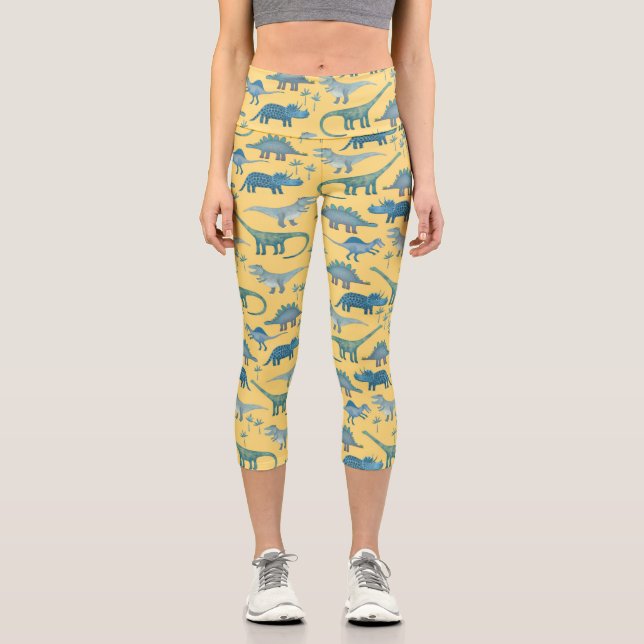 Niedliches Dinosaurier-Muster auf Gelb Capri Leggings (Vorderseite)