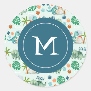 Niedliches Dinosaurier Muster Kids Monogramm Runder Aufkleber