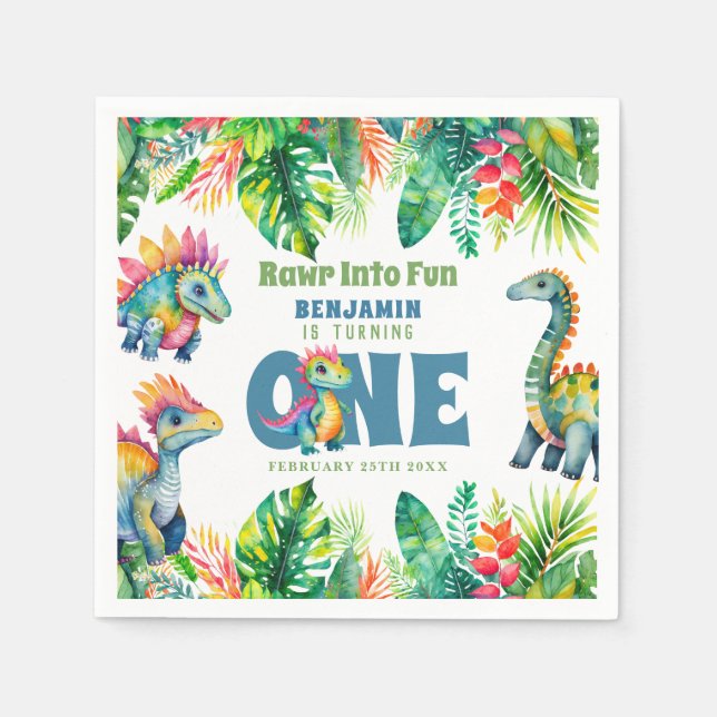 Niedliches Dinosaurier Thema 1. Geburtstag Junge W Serviette (Vorderseite)