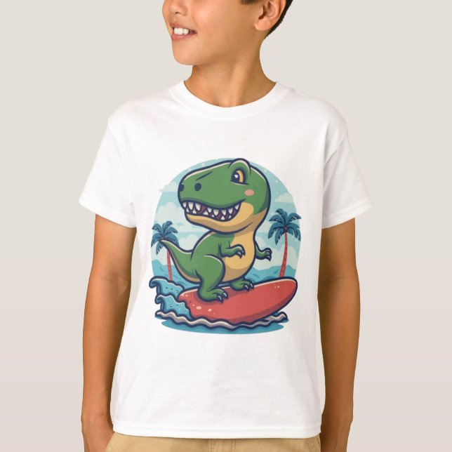 Niedliches Dinosaurier-Trex-Surfen T-Shirt (Vorderseite)