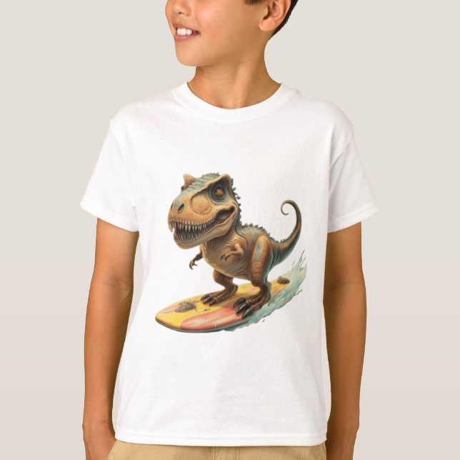 Niedliches Dinosaurier-Trex-Surfen T-Shirt (Vorderseite)