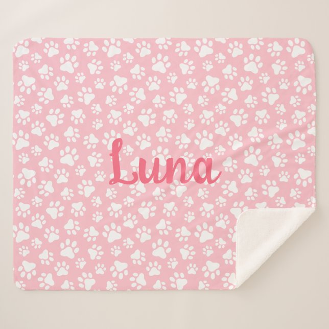 Niedliches Dog-Paw-Muster Weiß und Pastellrosa Sherpadecke (Vorderseite (Horizontal))