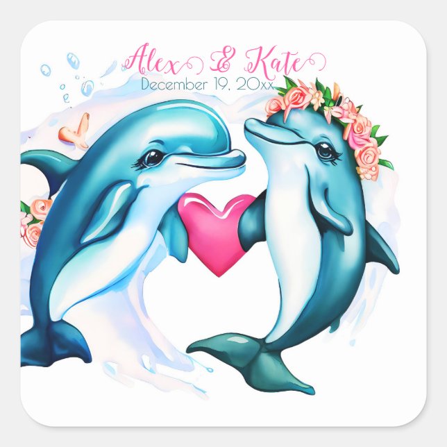 Niedliches Dolphin Couple | Romantische Hochzeit Quadratischer Aufkleber (Vorderseite)