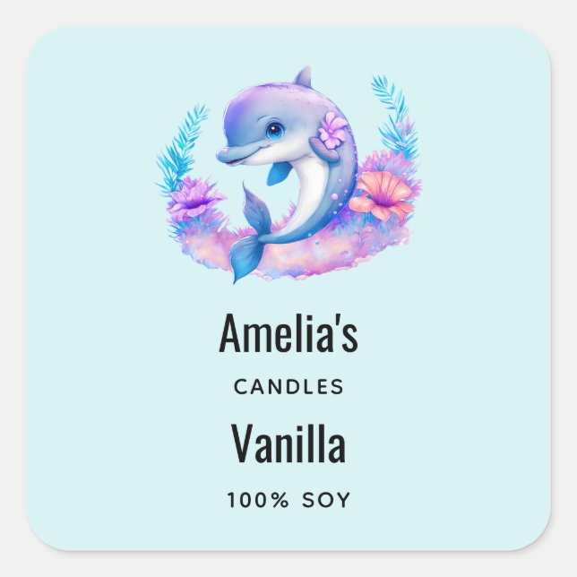 Niedliches Dolphin Sea Creature Candle Business Quadratischer Aufkleber (Vorderseite)