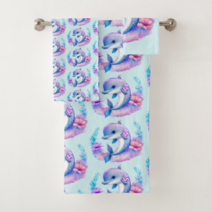 Niedliches Dolphin Sea Creature Muster Badhandtuch Set