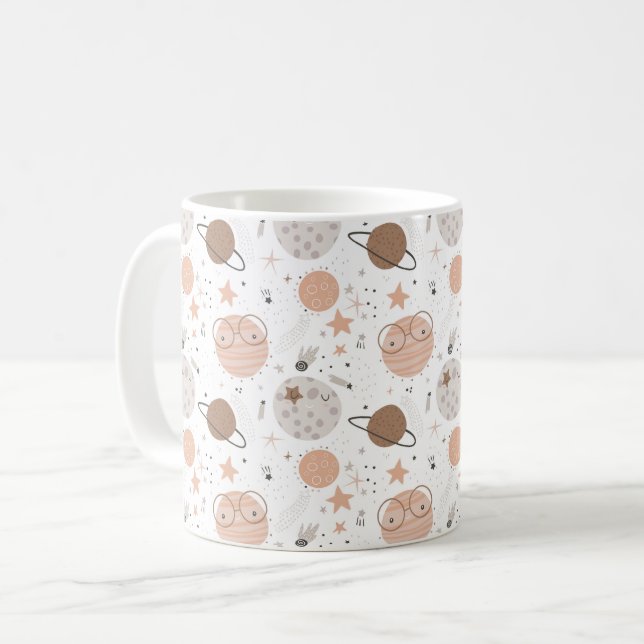 Niedliches Doodle-Planet-Muster Kaffeetasse (Vorderseite Links)