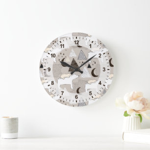 Niedliches Doodle-Waldbärmuster Große Wanduhr