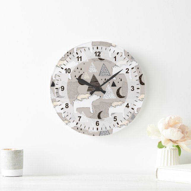 Niedliches Doodle-Waldbärmuster Große Wanduhr (Zuhause)